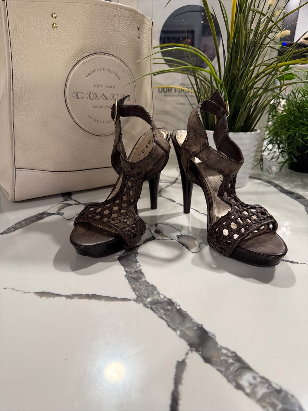 Brown Woven Leather High-Heel Sandals